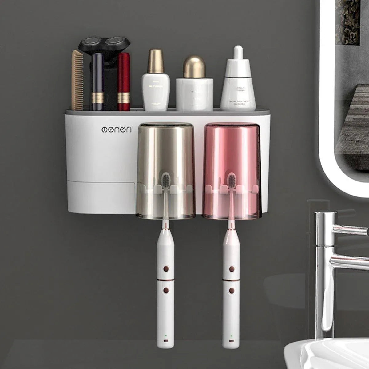Bathroom Wall Mounted Toothbrush Holder Toothpaste Stand Storage Rack With Cup - Two Cups Set V528-2CUPS-TOOTHPASTEDISPENSER-706571