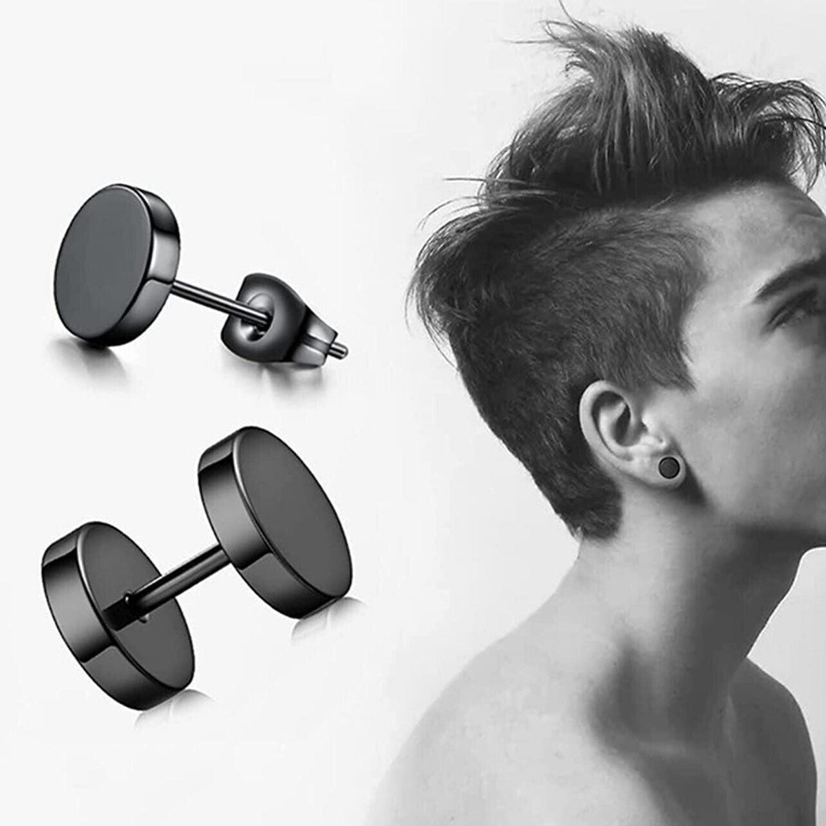 Pair Black Flat Round Barbell Plug Stud Earrings Stainless Steel Mens Gym 4-12Mm - 10mm V528-2UNITS1PAIR10SIZE-10MM50579
