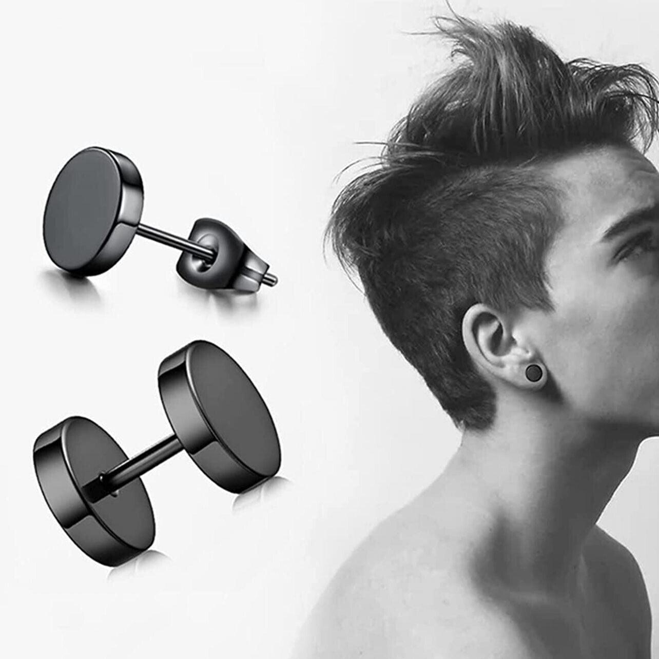 Pair Black Flat Round Barbell Plug Stud Earrings Stainless Steel Mens Gym 4-12Mm - 6mm V528-2UNITS1PAIR6MSIZE-6MM43844