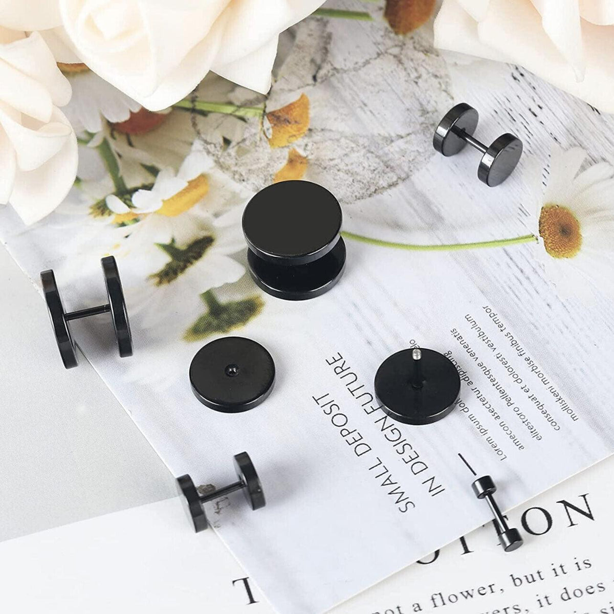 Pair Black Flat Round Barbell Plug Stud Earrings Stainless Steel Mens Gym 4-12Mm - 6mm V528-2UNITS1PAIR6MSIZE-6MM43844