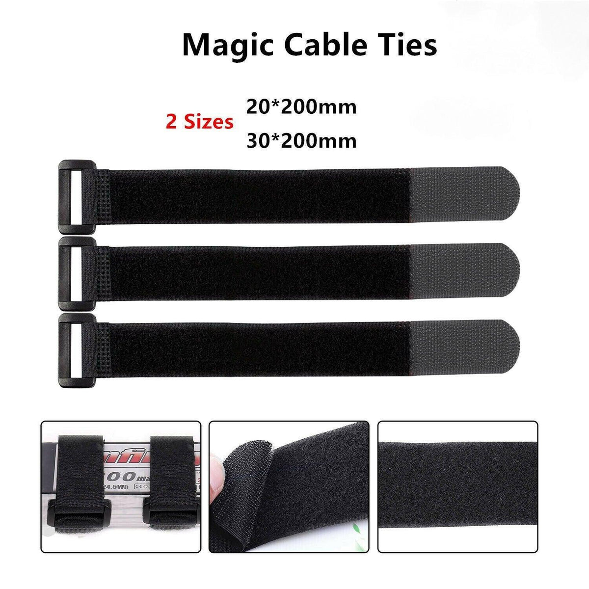 Magic Cable Ties Reusable Winder Coded Organiser Cords Hook Loop Black - 20*300mm  10PCS