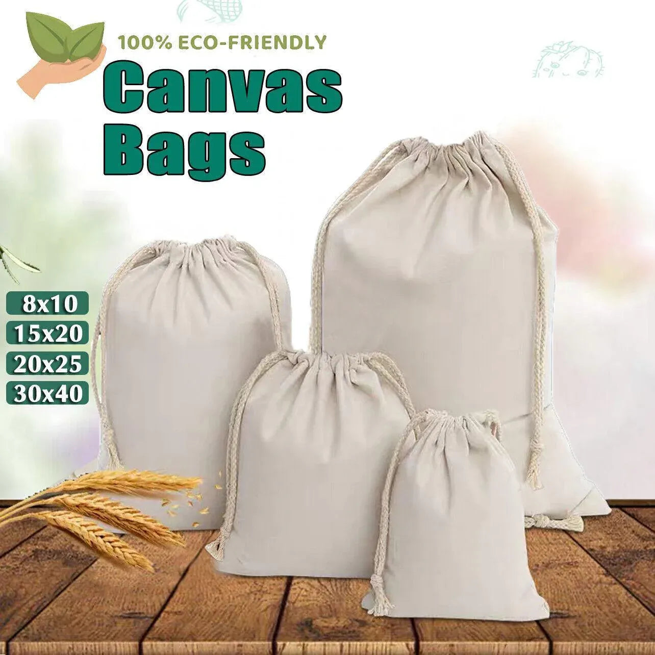 10X Canvas Cotton Drawstring Bags Linen Calico Tote Gift Storage Pouches - 8x10cm