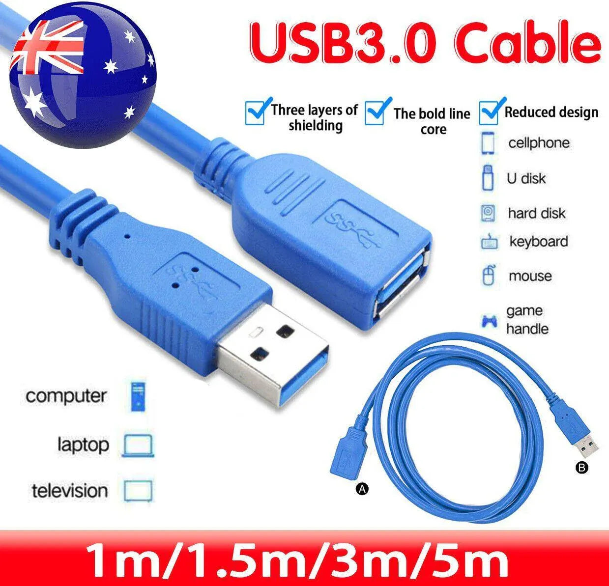 Super speed Usb 3.0 Male To Female Data Cable Extension Cord For Laptop Pc Camera - 3M V528-9360101036072
