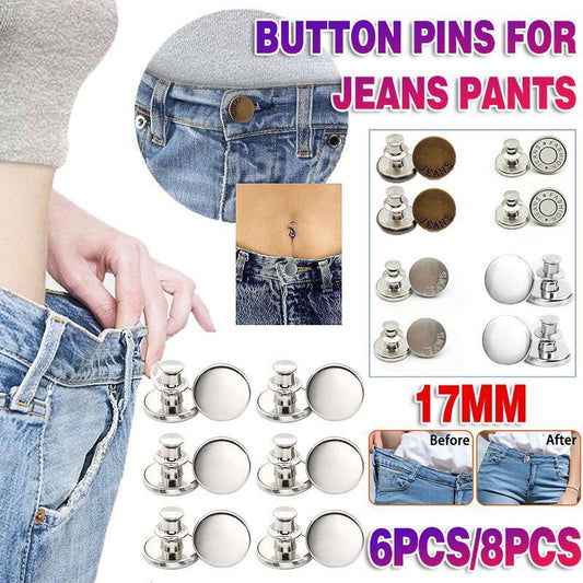 8X Button Pins For Jeans Pants No Sew Instant Adjustable Jean Button Replacement - 6sets Silver Button Pins V528-9360101078683