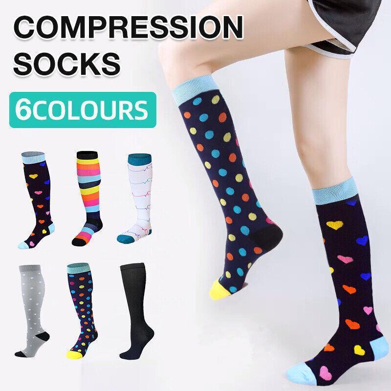 S/M Compression Socks Women Men Nursing Travel Stocking Sport Running - White Polka Dots V528-9360312048024