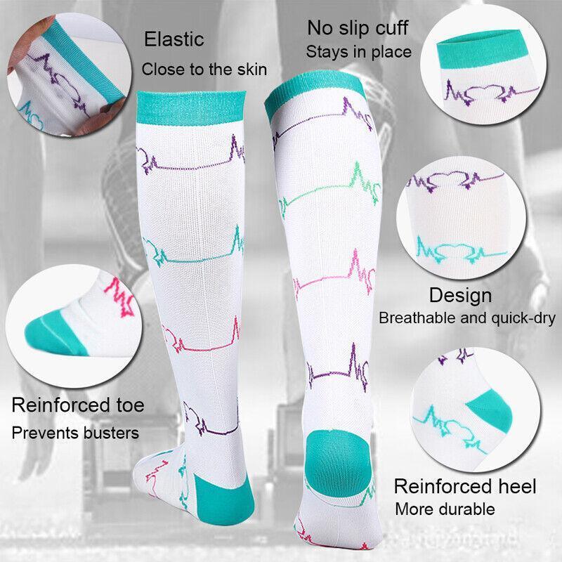 S/M Compression Socks Women Men Nursing Travel Stocking Sport Running - White Polka Dots V528-9360312048024