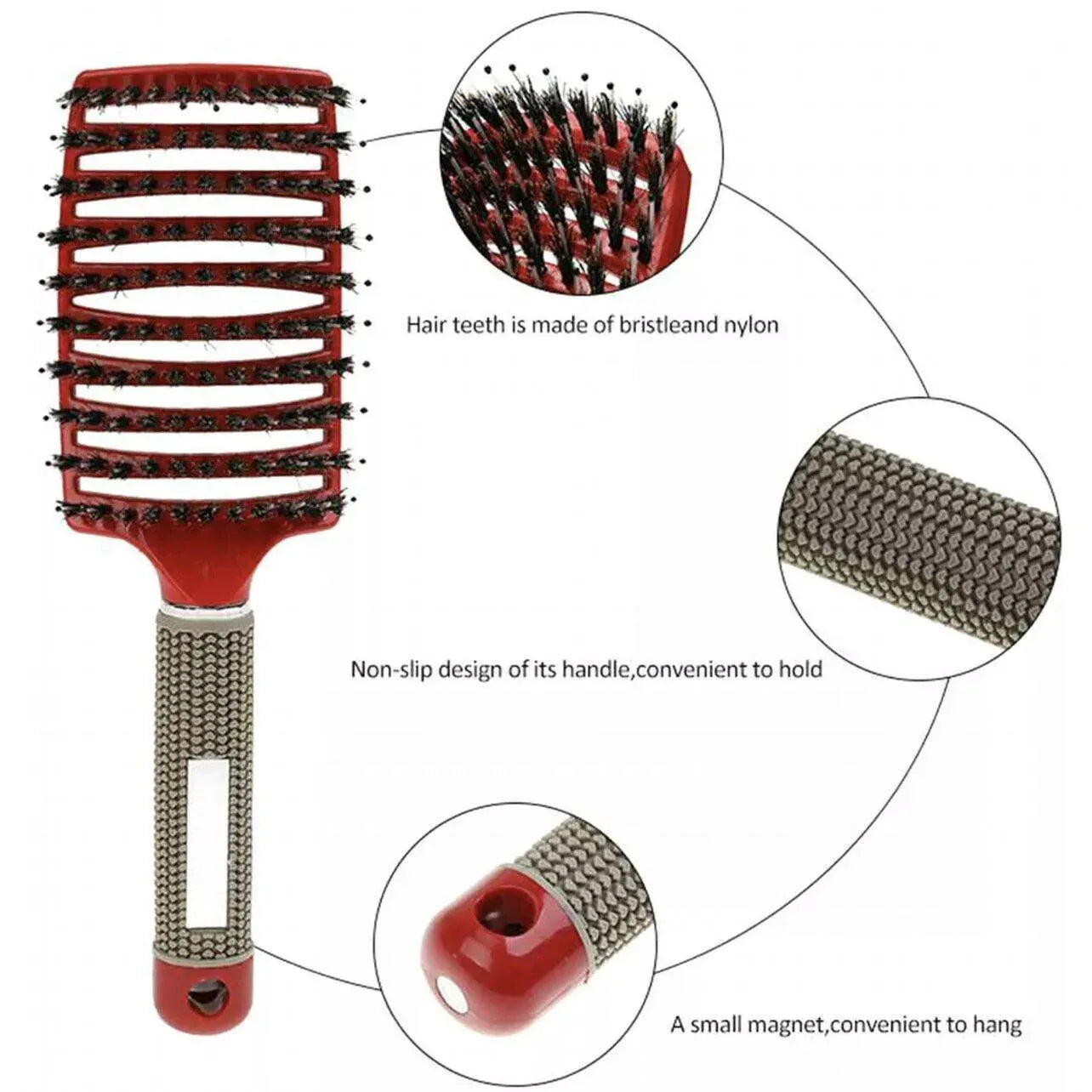 Detangle Nylon Boar Bristle Brush Hairbrush Smooth Hair Head Scalp Massage Comb - Red *1 Unit V528-9360312073736