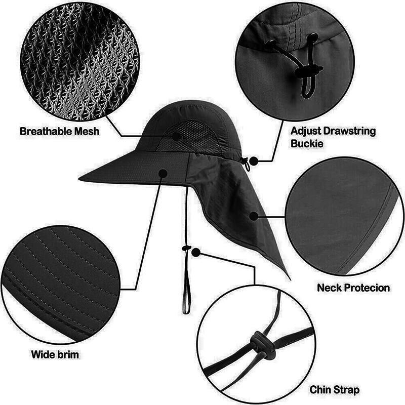 1x Neck Flap Cap Unisex Outdoor Sport Fishing Hat Sun Protection Wide Brim Cover - Khaki V528-9360312080413