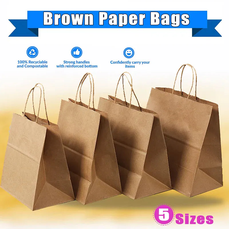 50X Kraft Paper Bags Gift Shopping Carry Craft Brown Bag With Handles - S-15cmx21cmx8cm V528-9360312087832