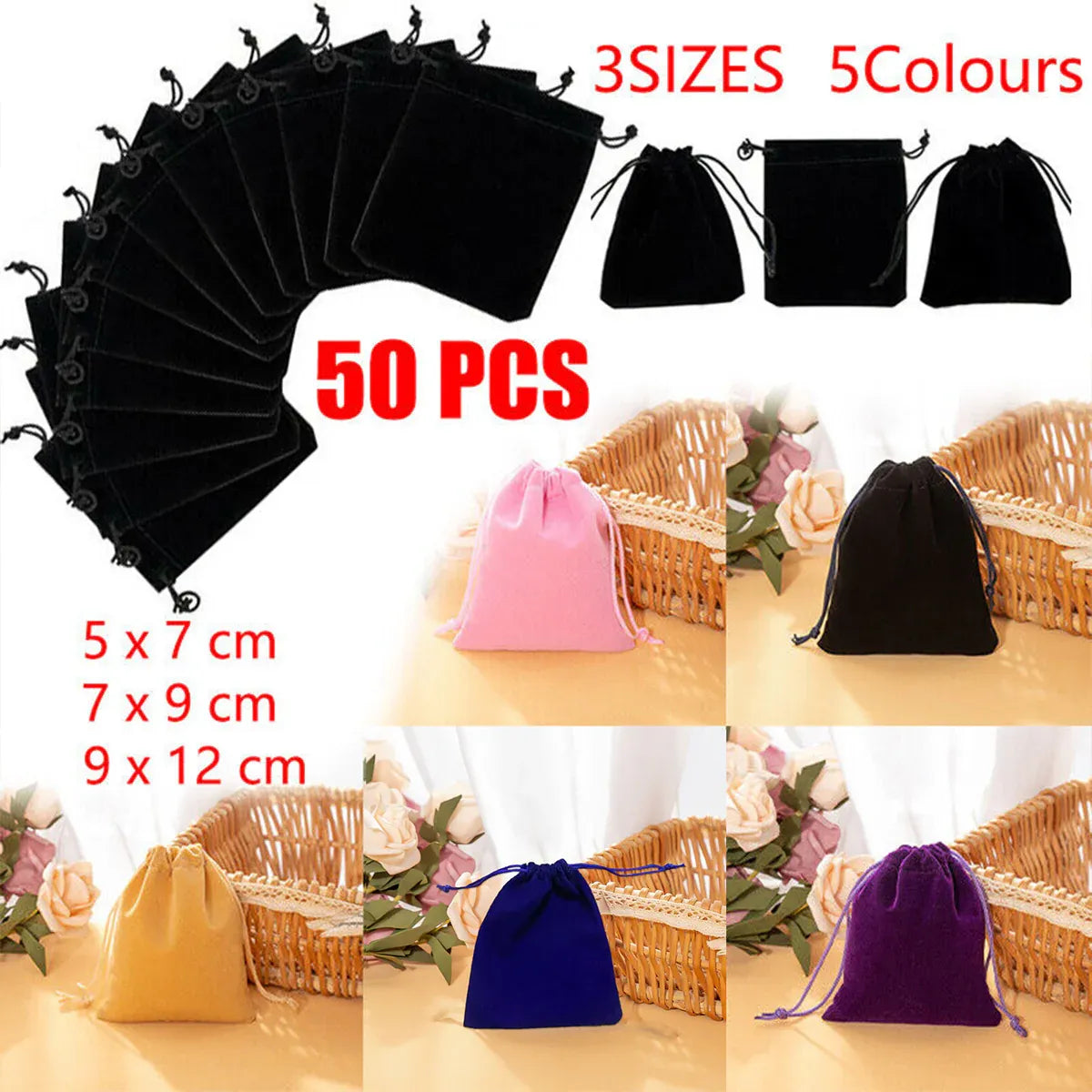 50X Small Velvet Cloth Drawstring Bags Gift Bag Jewelry Ring Pouch Earring Favor 9x12 - Black V528-9360312112763
