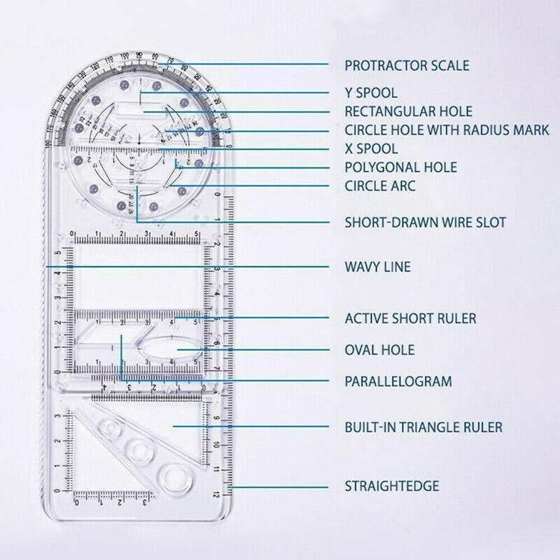 Multifunctional Geometric Ruler Student Mathematics Drawing Tools School Office - Clear-Primary School V528-9360312136219