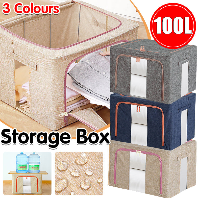 100L Foldable Storage Box Crushed Steel Frame Clothes Quilt Toys Organizer - 100L-Grey V528-9360312149530