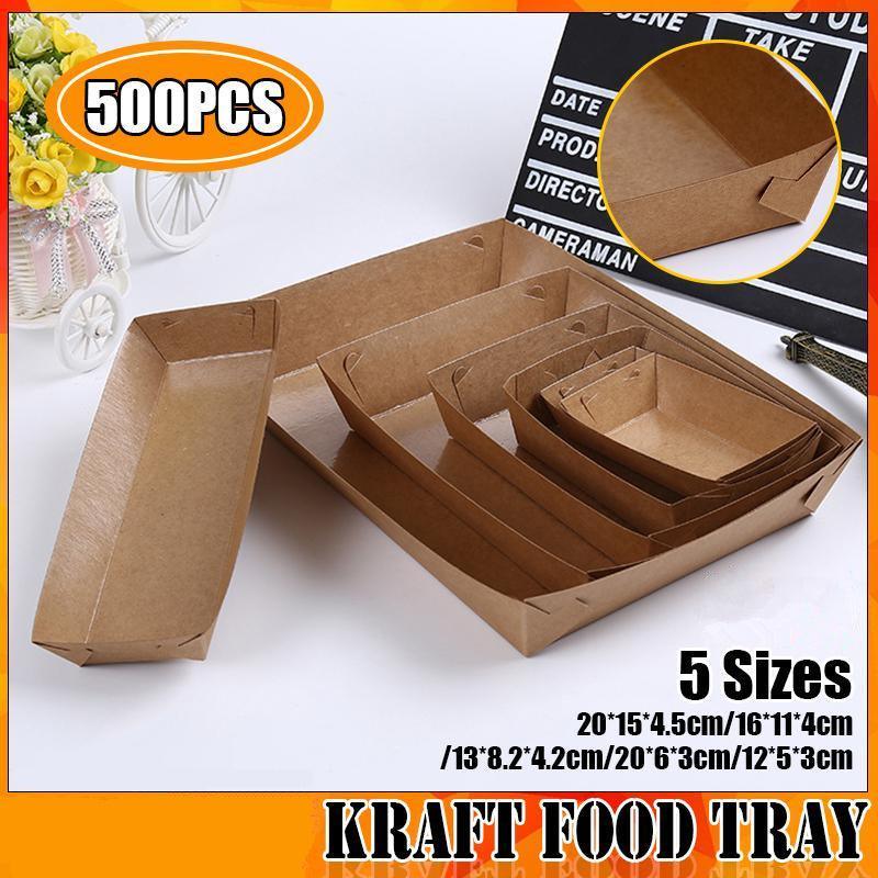 500PCS Kraft Cardboard Food Disposable Tray Brown Party Chips Takeaway Container - 3# 16*11*4cm V528-9360312192246