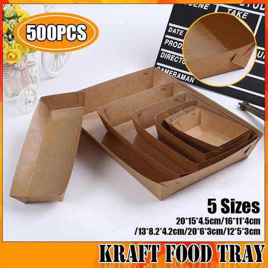 500PCS Kraft Cardboard Food Disposable Tray Brown Party Chips Takeaway Container - 3# 16*11*4cm V528-9360312192246
