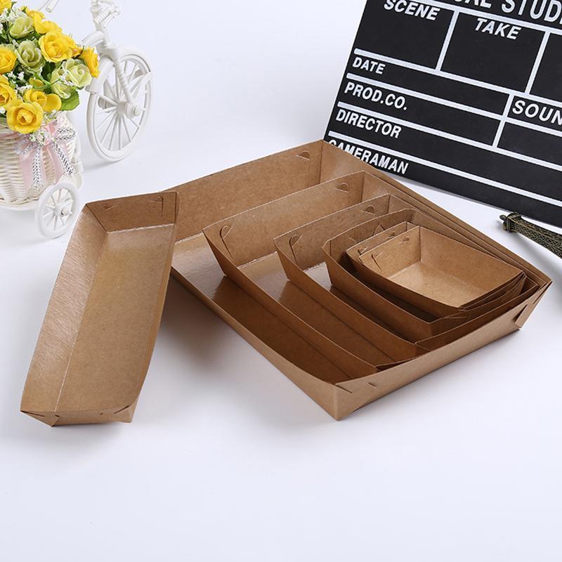 500PCS Kraft Cardboard Food Disposable Tray Brown Party Chips Takeaway Container - 3# 16*11*4cm V528-9360312192246