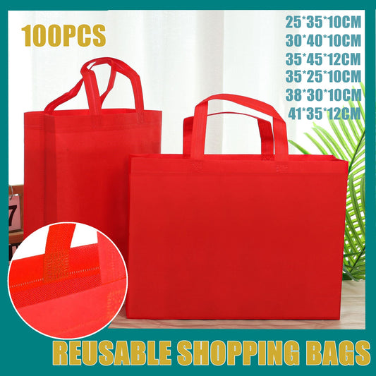 100PCS Reusable Non Woven Shopping Bags Eco Friendly Washable Tote Bags Red - 38X30X10CM V528-9360312194523