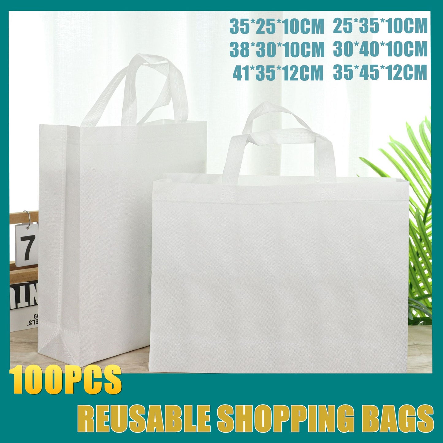 100PCS Reusable Non Woven Shopping Bags Eco Friendly Washable Tote Bags White - 35X25X10CM V528-9360312194561