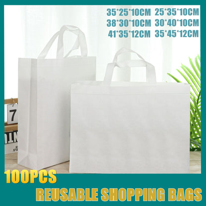 100PCS Reusable Non Woven Shopping Bags Eco Friendly Washable Tote Bags White - 41X35X12CM V528-9360312194592