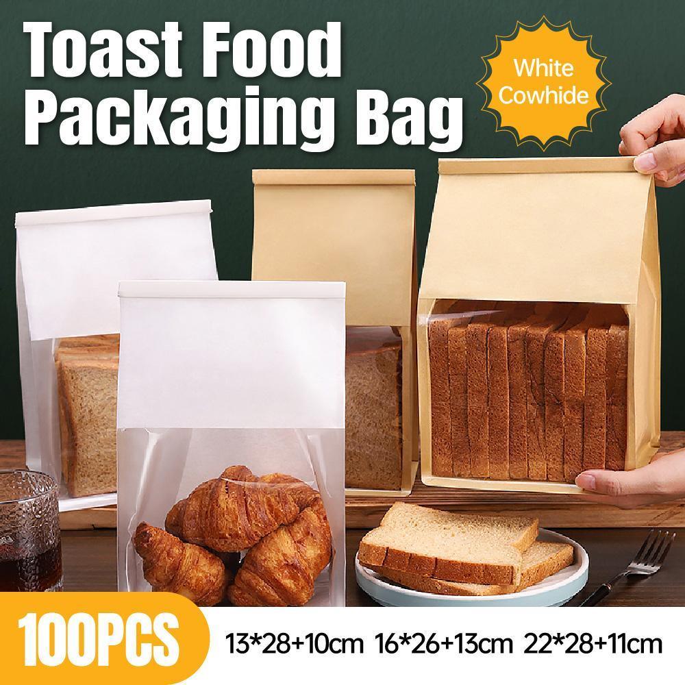 100x Kraft Paper Flat Bottom Cake Packaging Toast Bread Bags With Window Cowhide - 13X28+10CM V528-9360312194929