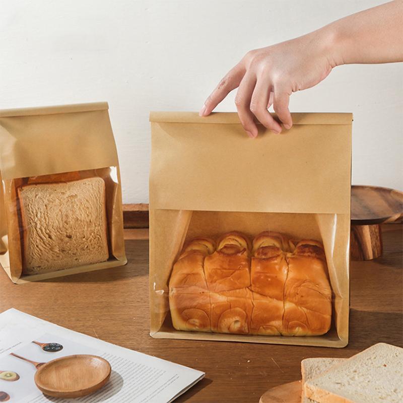 100x Kraft Paper Flat Bottom Cake Packaging Toast Bread Bags With Window Cowhide - 13X28+10CM V528-9360312194929