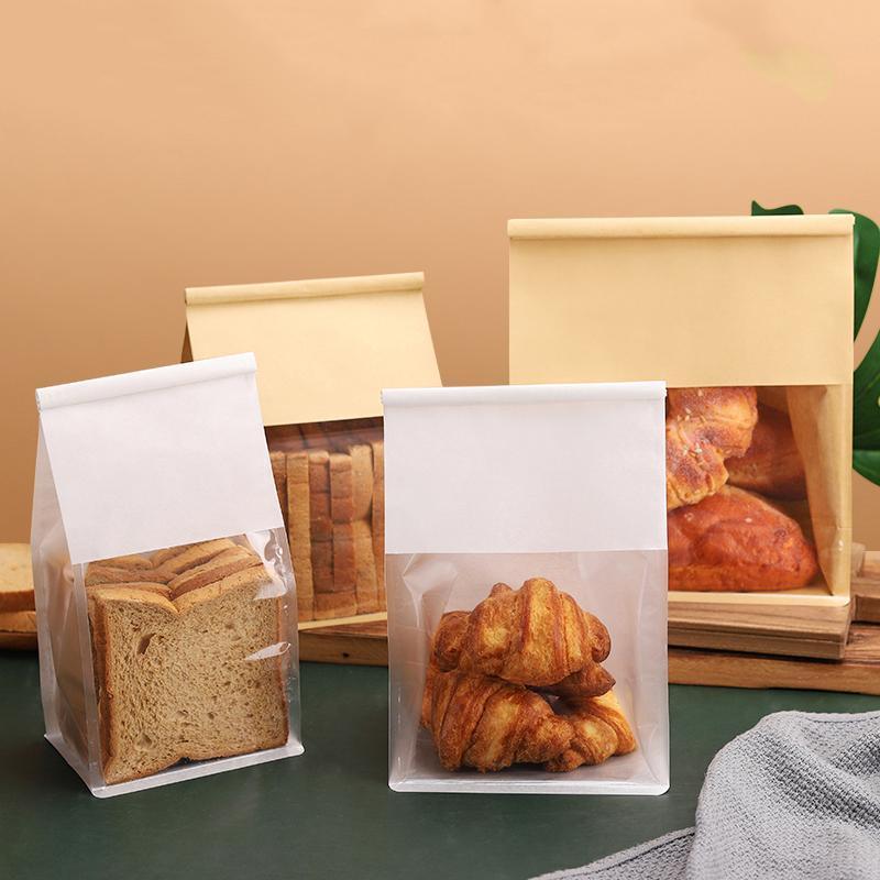 100x Kraft Paper Flat Bottom Cake Packaging Toast Bread Bags With Window Cowhide - 13X28+10CM V528-9360312194929