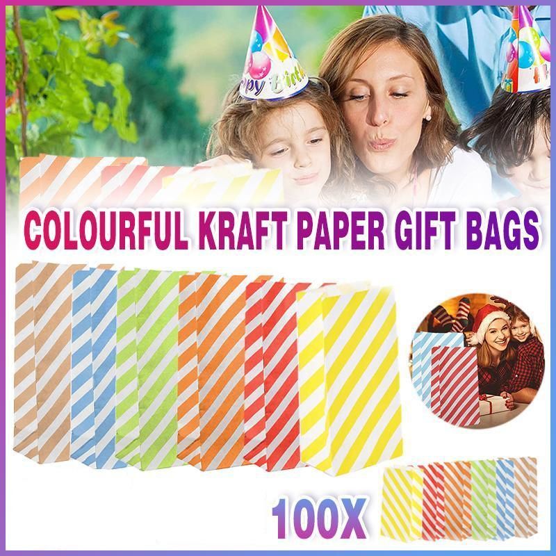 100X Colourful Plaid Kraft Paper Bag Candy Cookie Snack Cake Gift Bags 9X6X18cm - Blue V528-9360312196367