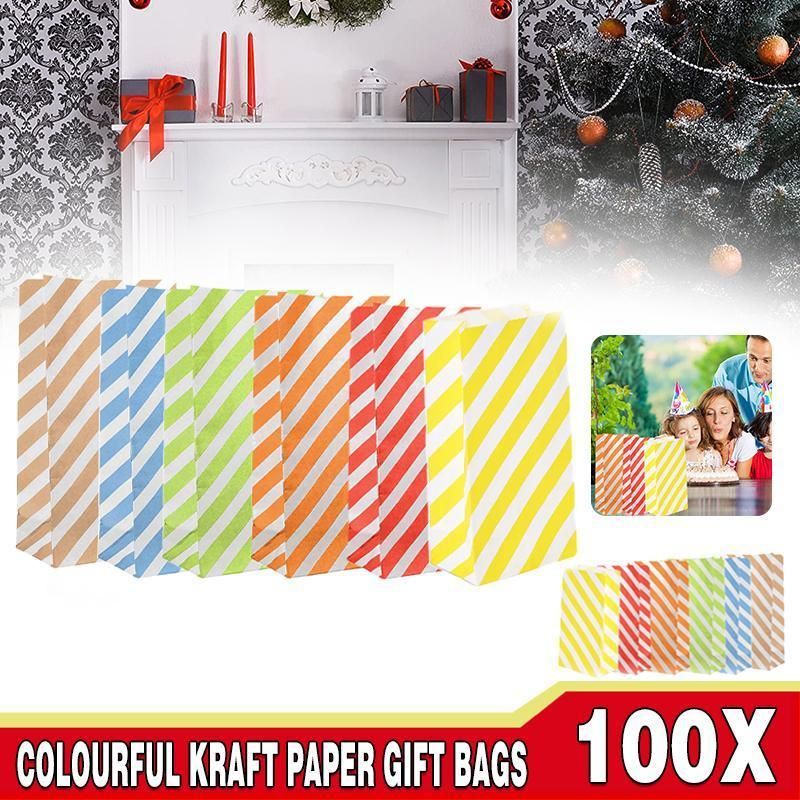 100X Colourful Plaid Kraft Paper Bag Candy Cookie Snack Cake Gift Bags 9X6X18cm - Blue V528-9360312196367