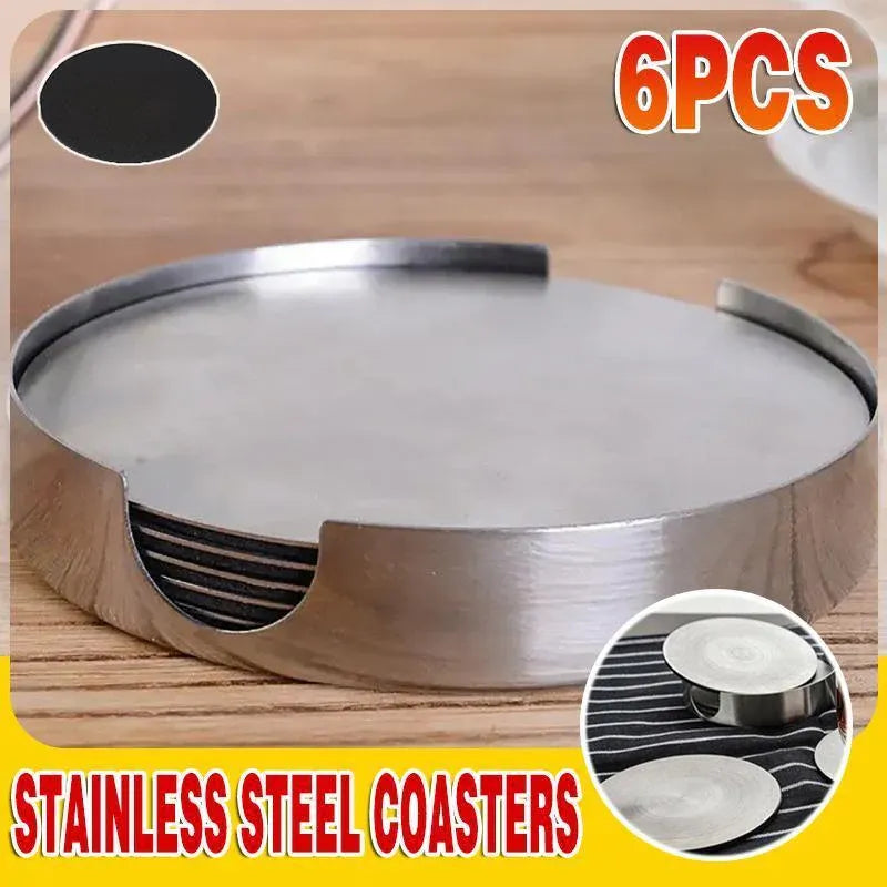 Stainless Steel Drink Coaster Set 6PCS Heat Resistant Cup Pads With Holder V528-9360312204321