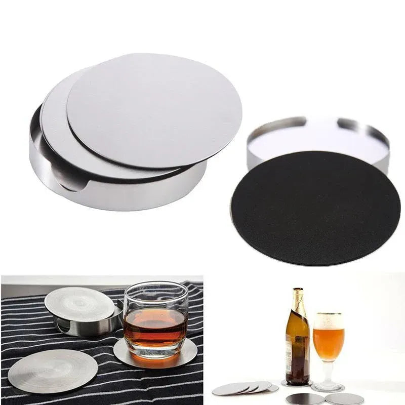 Stainless Steel Drink Coaster Set 6PCS Heat Resistant Cup Pads With Holder V528-9360312204321