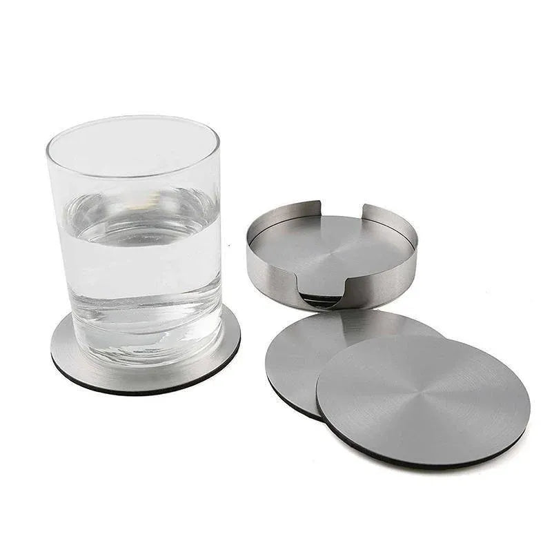 Stainless Steel Drink Coaster Set 6PCS Heat Resistant Cup Pads With Holder V528-9360312204321