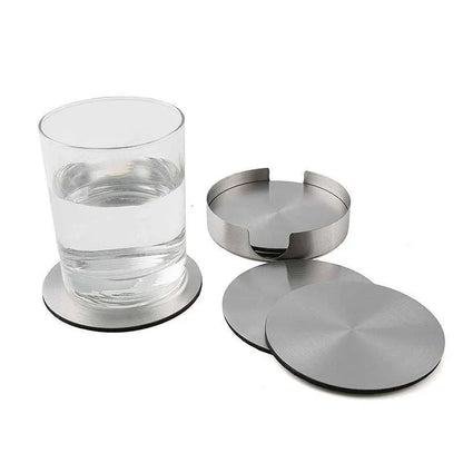 Stainless Steel Drink Coaster Set 6PCS Heat Resistant Cup Pads With Holder V528-9360312204321