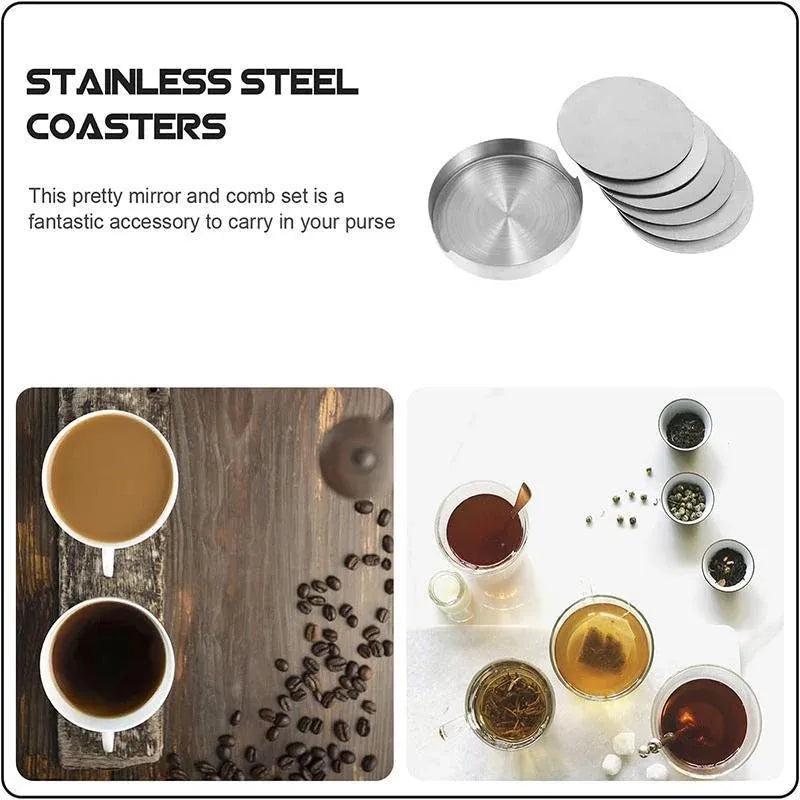 Stainless Steel Drink Coaster Set 6PCS Heat Resistant Cup Pads With Holder V528-9360312204321