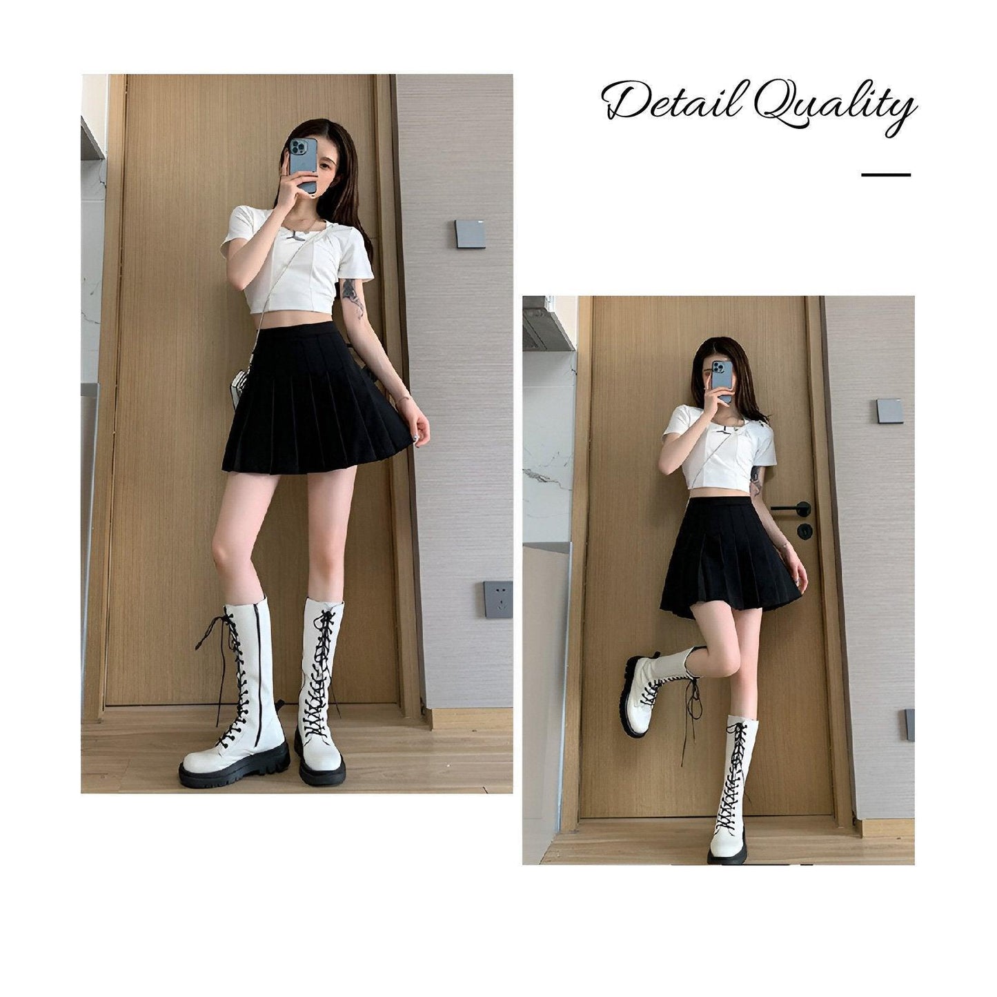 Black Women High Waist Pleated Tennis Skirt Summer Slimming - S V528-A-LINE-SKIRT-BLACK-S-546960
