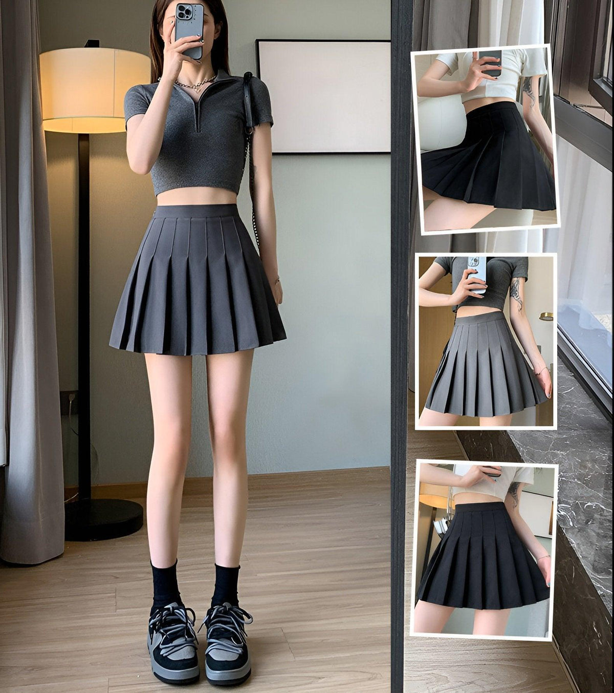 Grey Women High Waist Pleated Tennis Skirt Summer Slimming - S V528-A-LINE-SKIRT-GREY-S-403355
