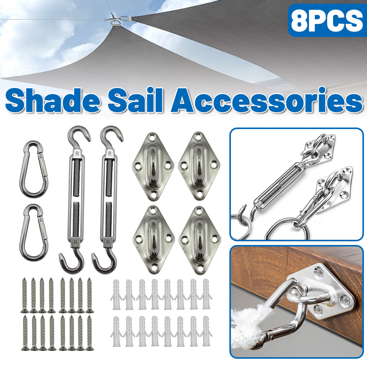 8pcs Hardware Sail Accessory Shade Canopy Fittings Sun Fixing Steel Stainless V528-ACCESSORIES-304-547906
