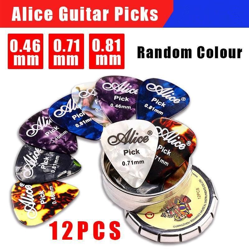 New 12Pcs Celluloid Acoustic Alice Guitar Picks Pick Set Bulk + Case Box Tin Au V528-ALICEGUITARPICKS-12PCS-880155