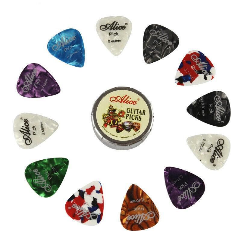 New 12Pcs Celluloid Acoustic Alice Guitar Picks Pick Set Bulk + Case Box Tin Au V528-ALICEGUITARPICKS-12PCS-880155