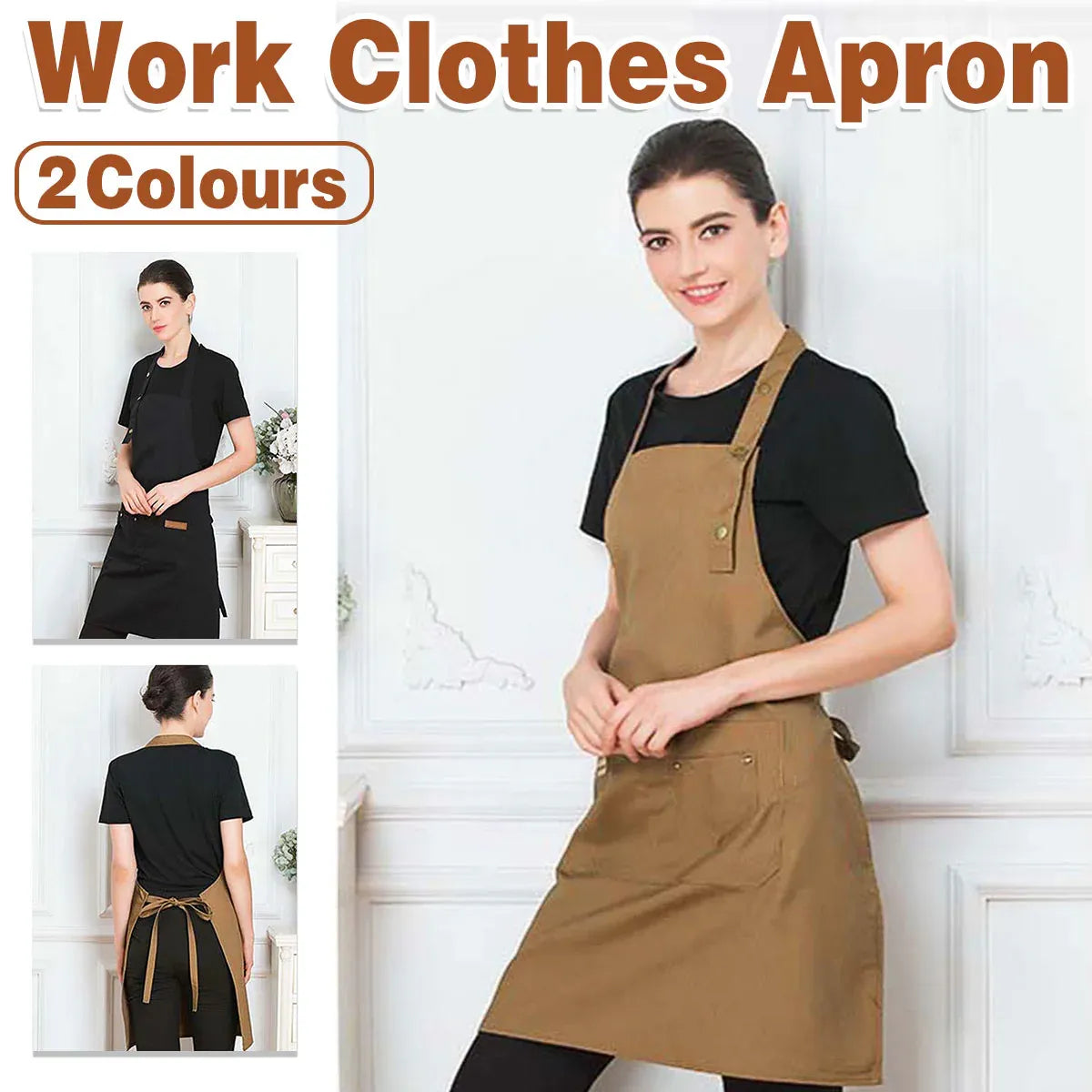 Adjustable Work Apron Neck Strap Waist Tie Kitchen Cooking Bib Apron Men Women - Brown V528-APRON-BROWN-899251