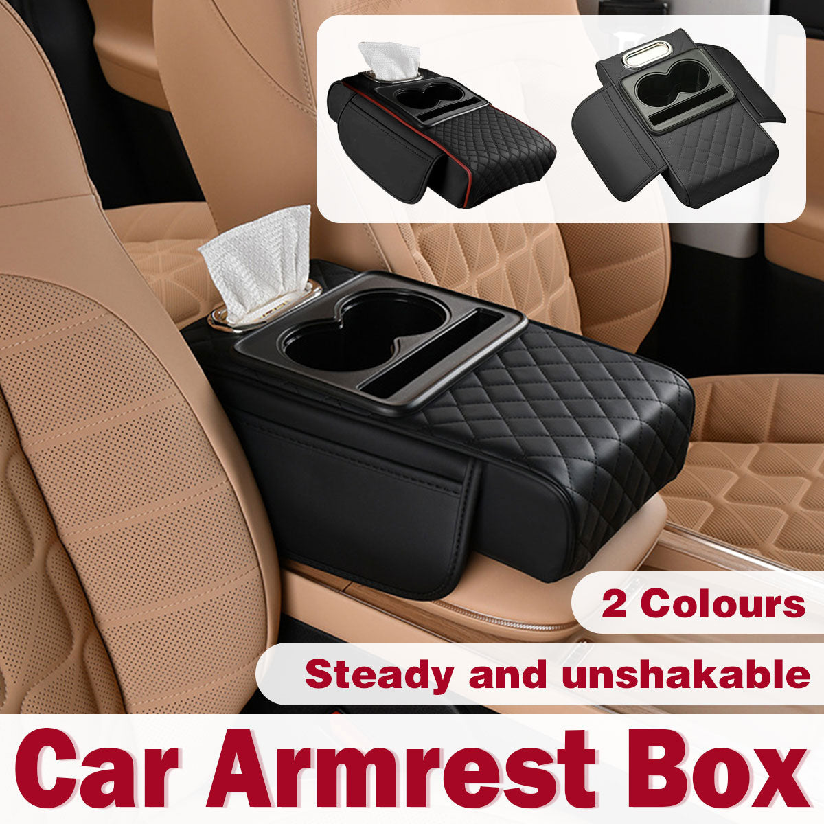 Car Armrest Pad Central Console Storage Box Lift Cushion Rest Support Organizer - Black Red V528-ARMREST-BOX-BLACK-RED-645587