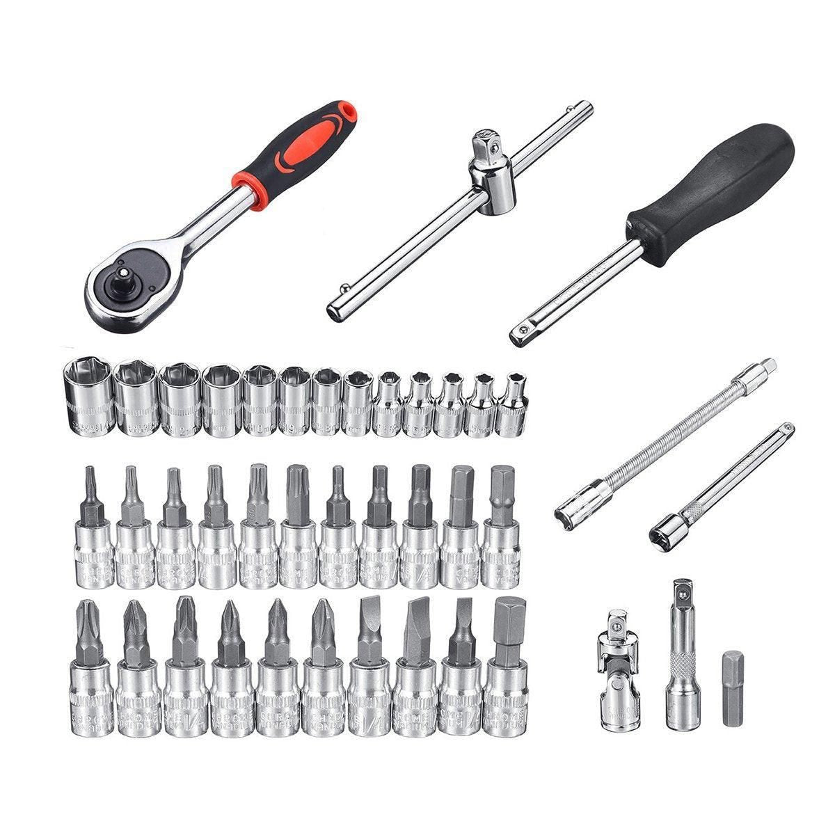 53PCS Metric Deep Socket Set 1/4" Drive Wrench with Flexible Extension Bar Tools V528-AUTO-REPAIR-TOOLS-53PCS-280035