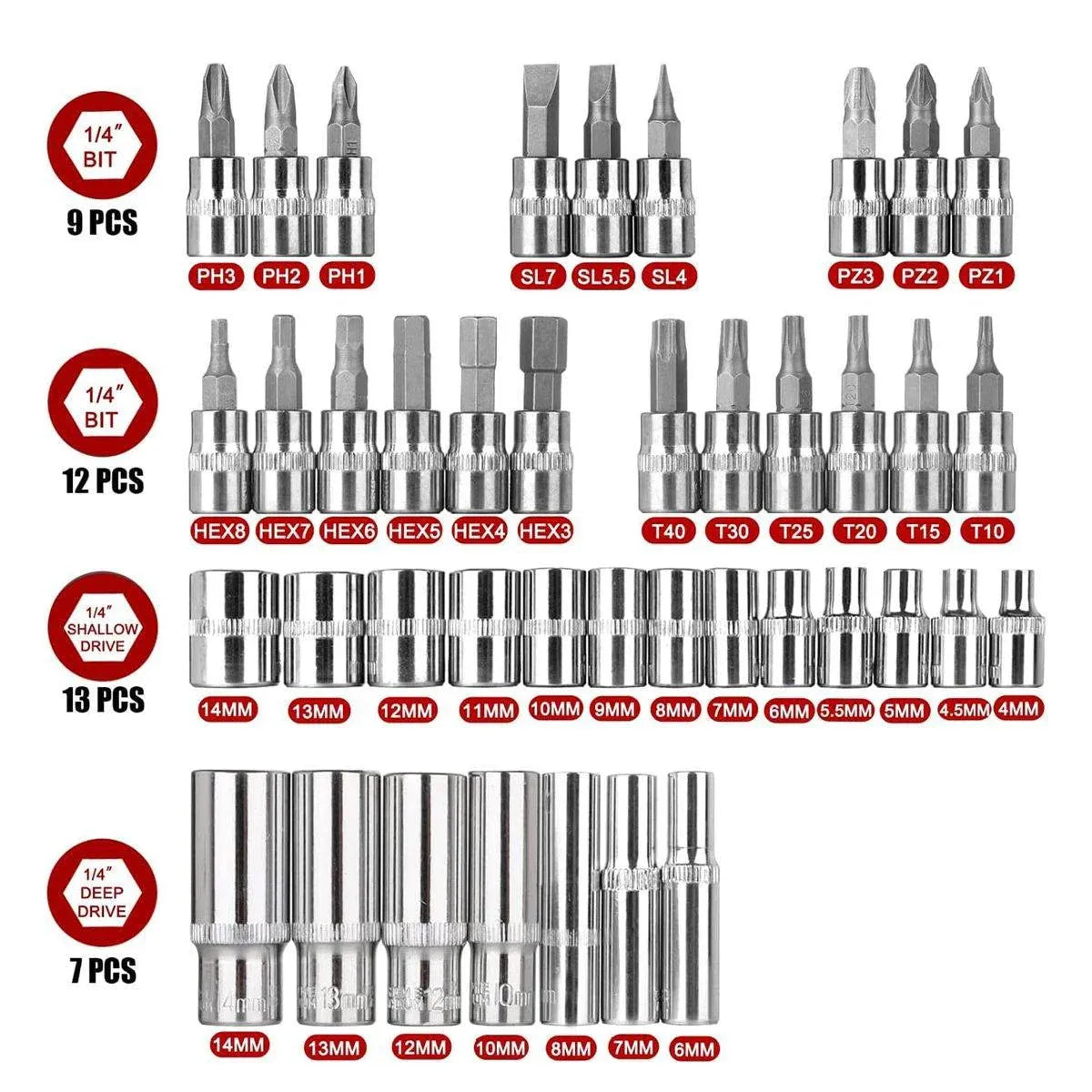 53PCS Metric Deep Socket Set 1/4" Drive Wrench with Flexible Extension Bar Tools V528-AUTO-REPAIR-TOOLS-53PCS-280035