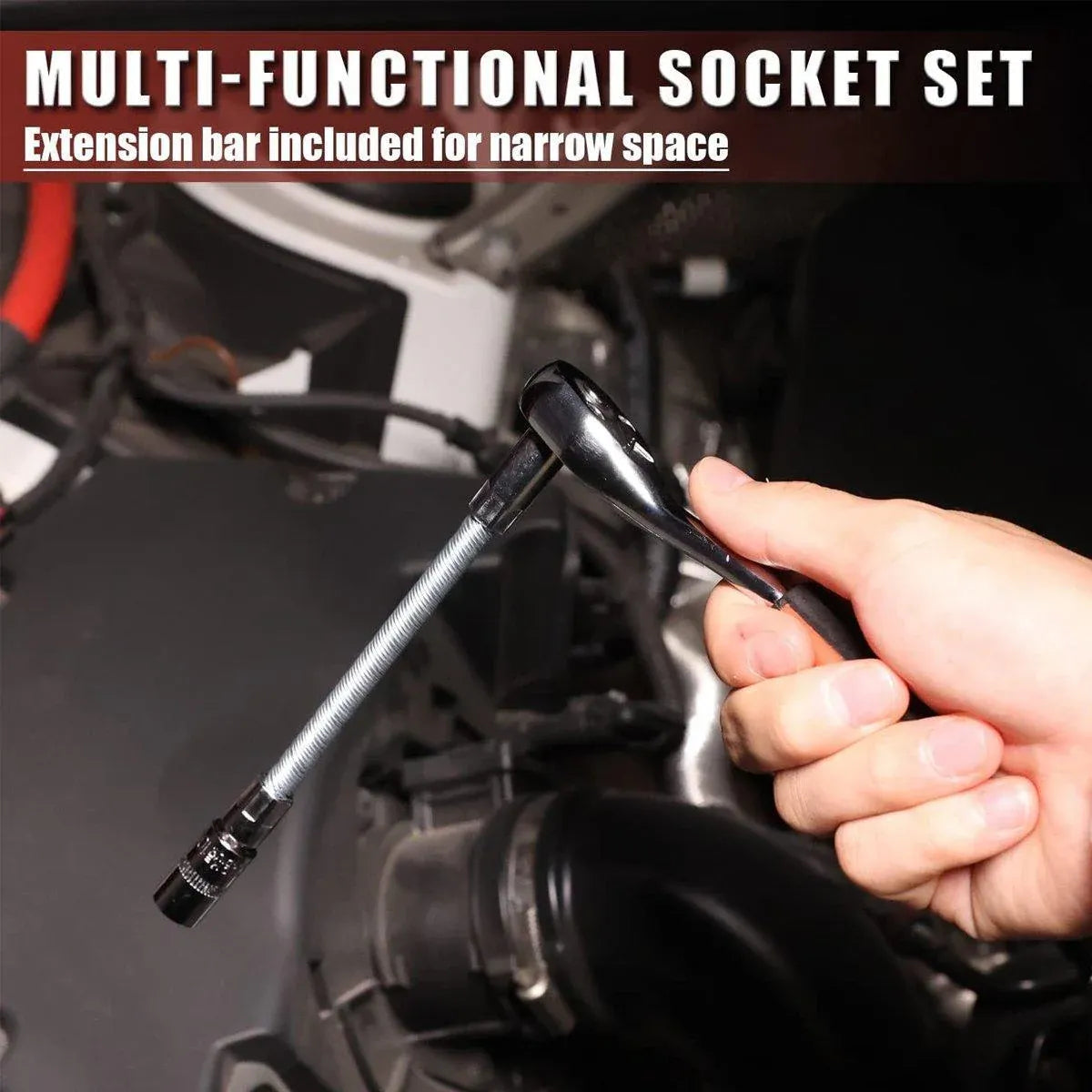 53PCS Metric Deep Socket Set 1/4" Drive Wrench with Flexible Extension Bar Tools V528-AUTO-REPAIR-TOOLS-53PCS-280035