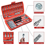 53PCS Metric Deep Socket Set 1/4" Drive Wrench with Flexible Extension Bar Tools V528-AUTO-REPAIR-TOOLS-53PCS-280035