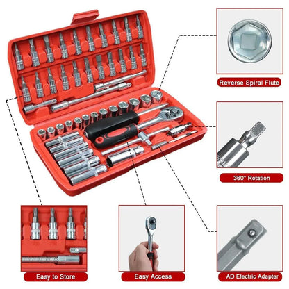 53PCS Metric Deep Socket Set 1/4" Drive Wrench with Flexible Extension Bar Tools V528-AUTO-REPAIR-TOOLS-53PCS-280035
