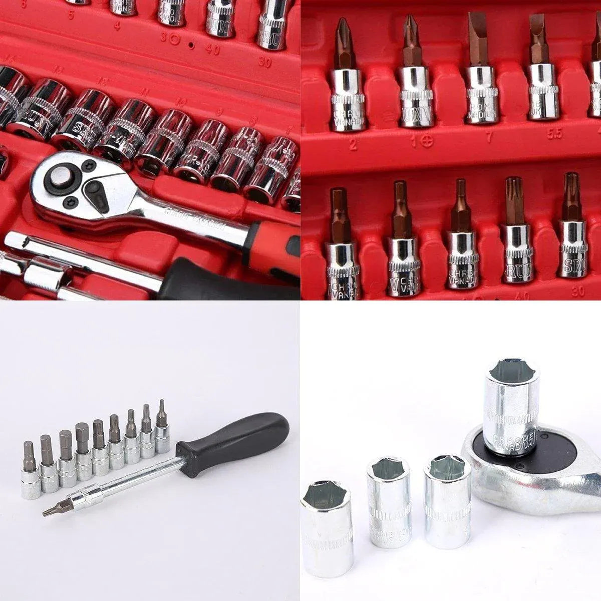 53PCS Metric Deep Socket Set 1/4" Drive Wrench with Flexible Extension Bar Tools V528-AUTO-REPAIR-TOOLS-53PCS-280035