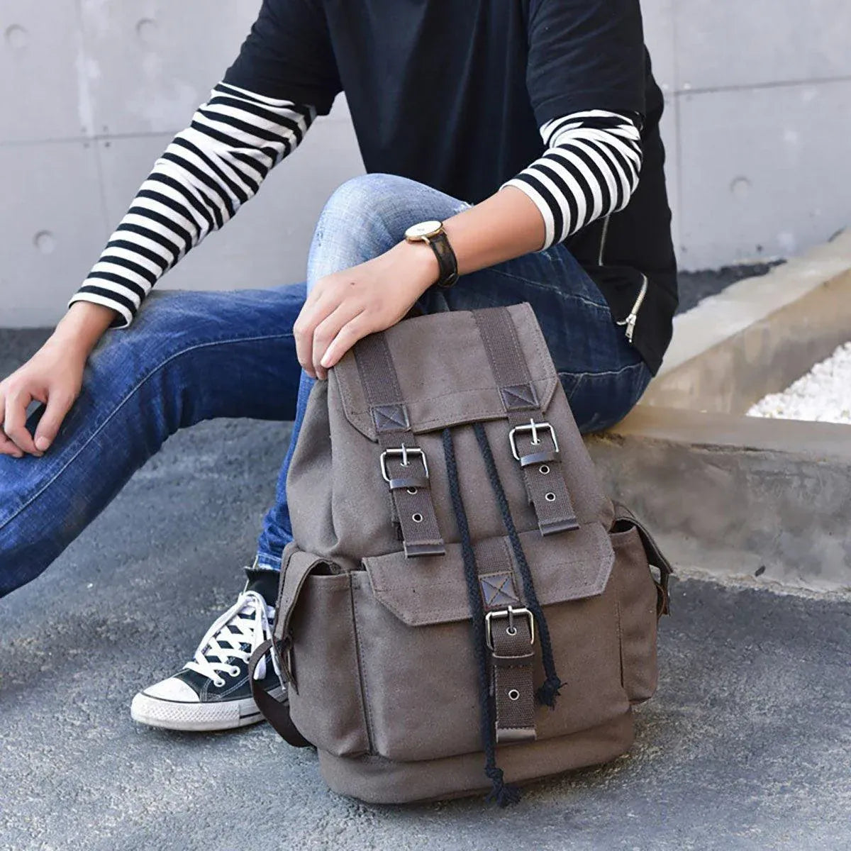 Unisex Retro Rucksack Large Capacity Travel Bag Leisure Backpack Schoolbag - Khaki V528-BACKPACK-KHAKI-871102