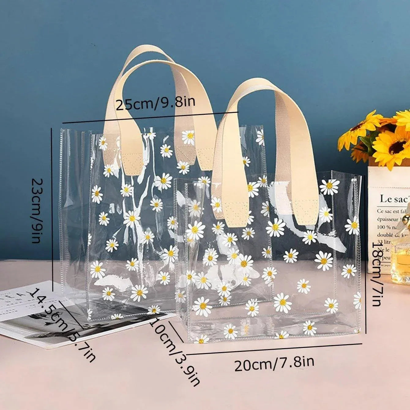 10pcs Small Fresh Transparent PVC Tote Bag Wedding Candy Gift Bag Daisy Design - Beige - L V528-BAG-10PCS-BEIGE-L-361590