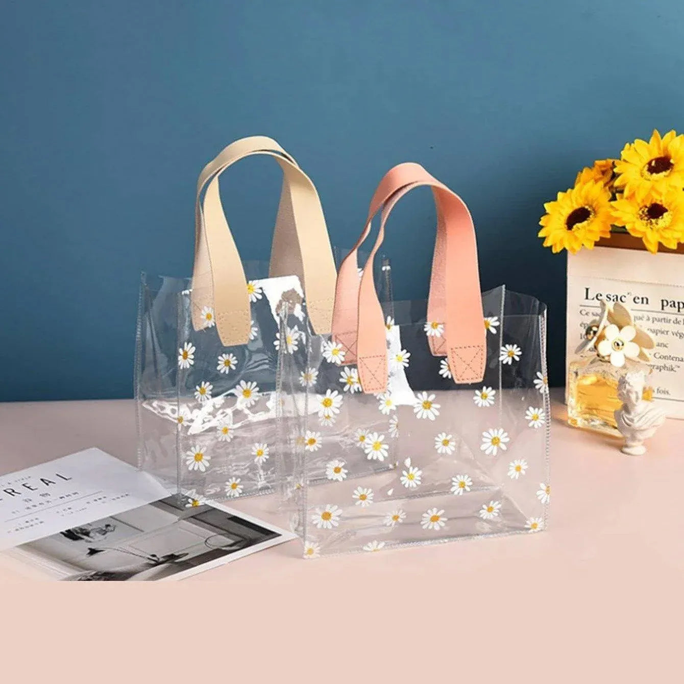 10pcs Small Fresh Transparent PVC Tote Bag Wedding Candy Gift Bag Daisy Design - Beige - L V528-BAG-10PCS-BEIGE-L-361590