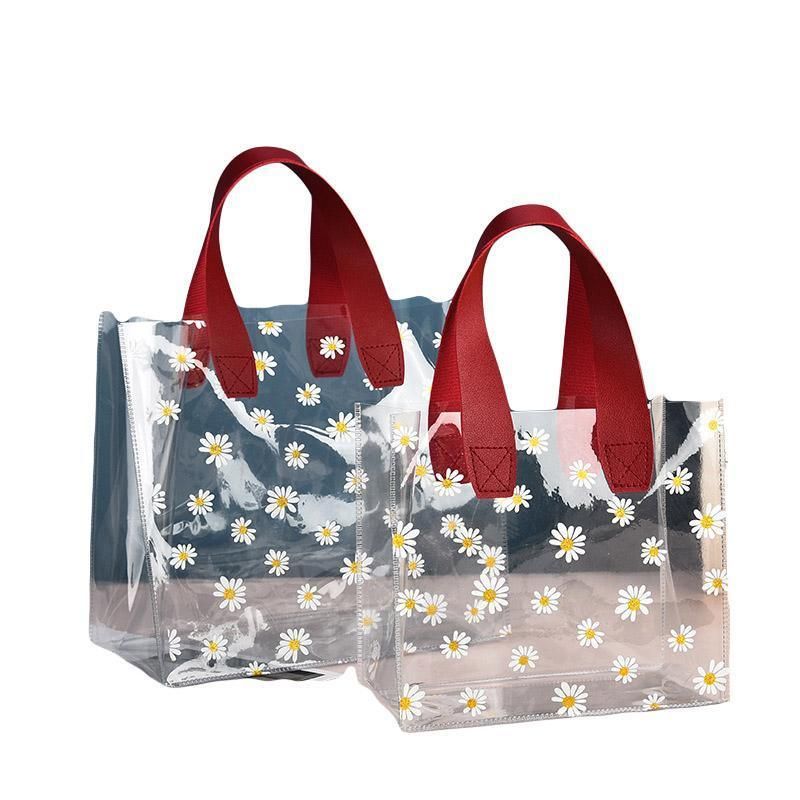 10pcs Small Fresh Transparent PVC Tote Bag Wedding Candy Gift Bag Daisy Design - Red - S V528-BAG-10PCS-RED-S-670452
