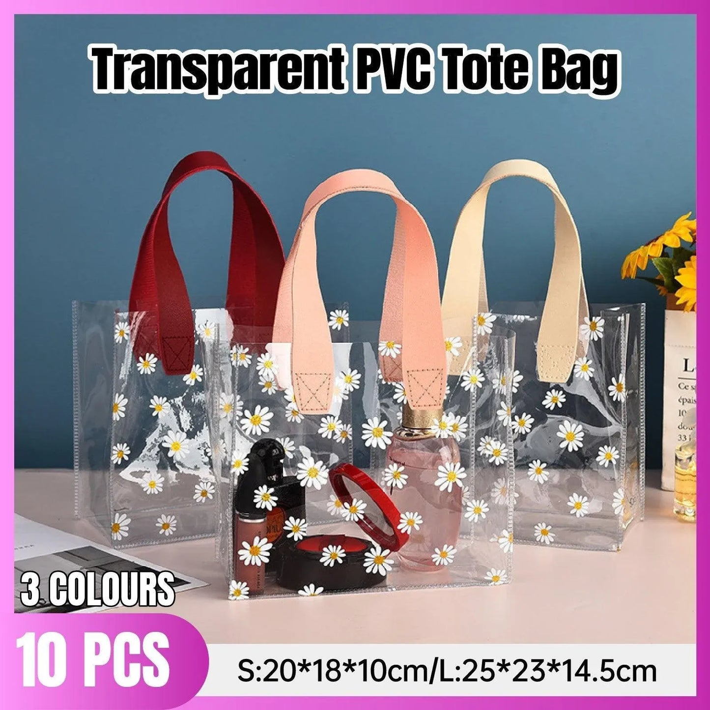 10pcs Small Fresh Transparent PVC Tote Bag Wedding Candy Gift Bag Daisy Design - Red - S V528-BAG-10PCS-RED-S-670452